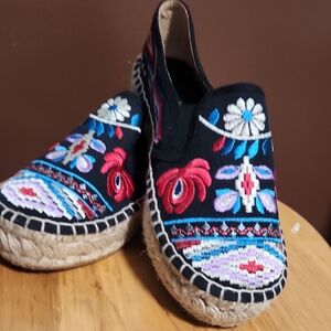 Johnny Was Black and Multicolor Embroidered Espadrilles